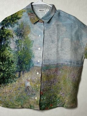 MFA Boston Abstract Linen Impressionist Landscape Button Up Short Sleeve Shirt S